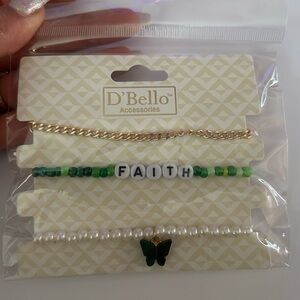 D'Bello Green Beaded FAITH Bracelet with Gold Chain & Pearl Strand and Butterfly